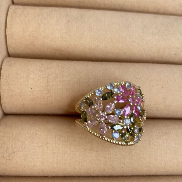 Cate d' Argent Ring 14k Gold Plated Over 925 Sterling Multi Colored Stones Ring - Picture 4 of 13